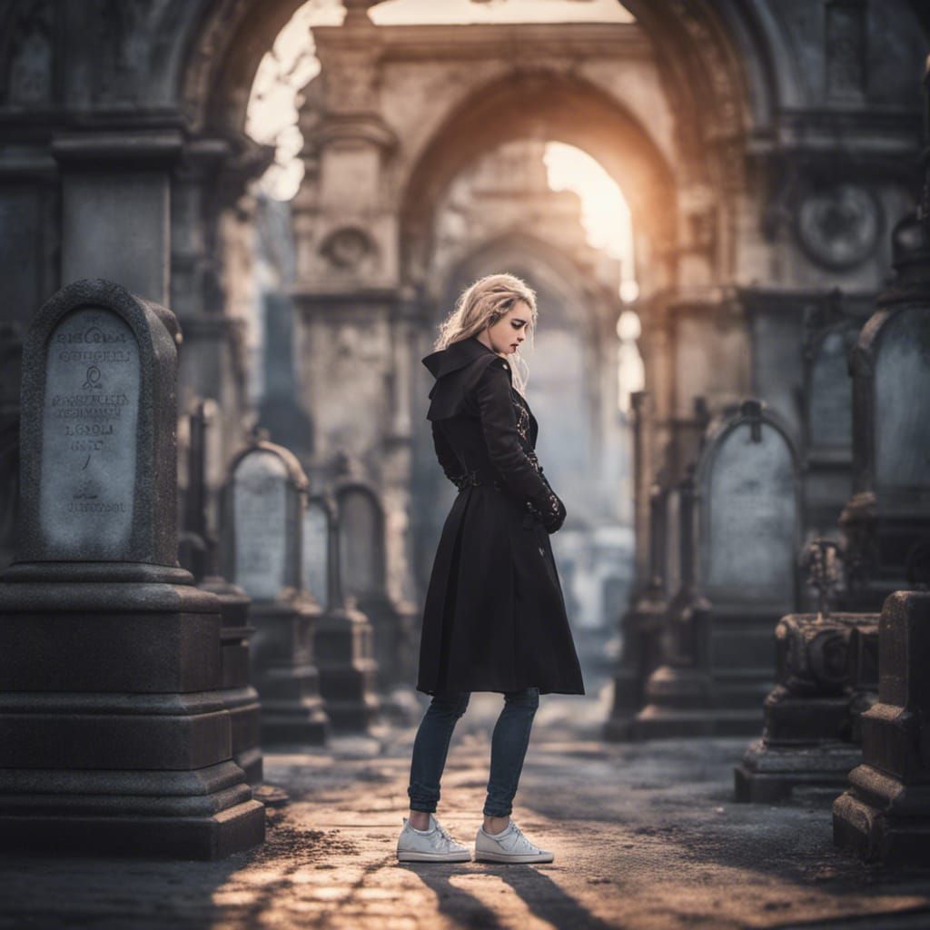 Steampunk Gothic Girl Crying Near Tombstone