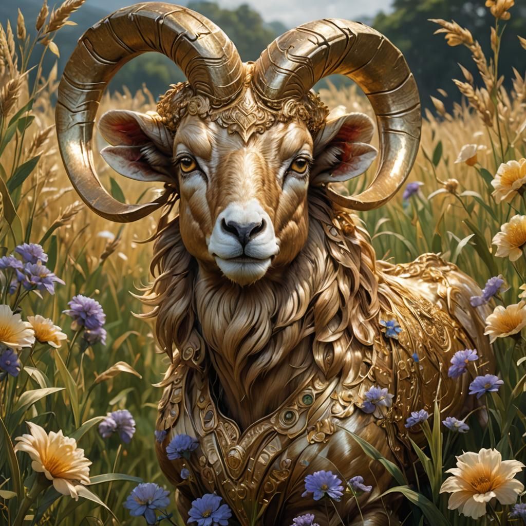 Golden Ram Portrait in Hyperdetailed Lighting