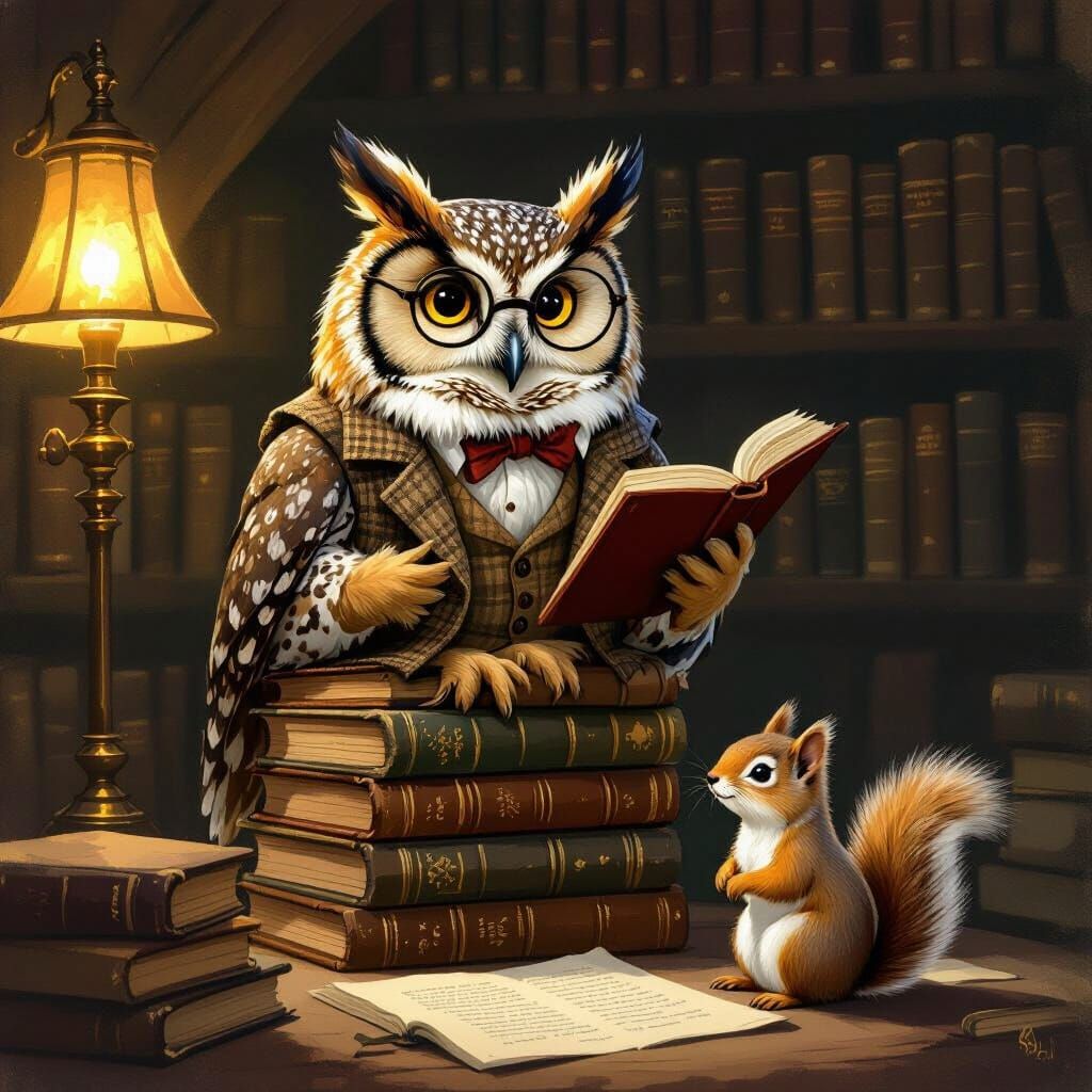 Wise Owl Professor in Vintage Children's Book Style