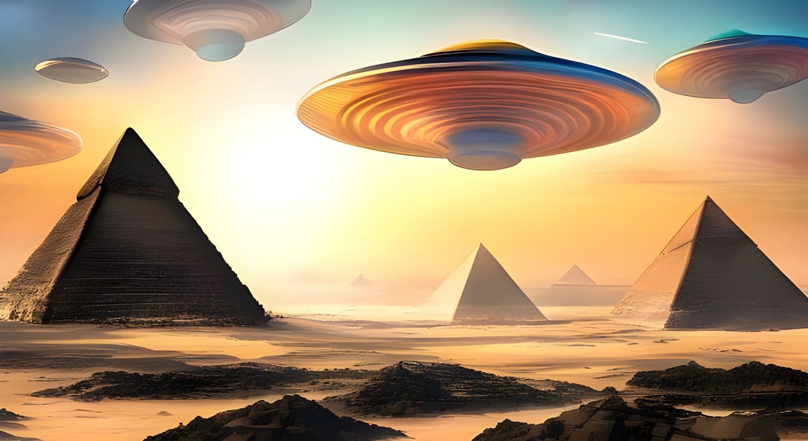 1980s Sci-Fi Flying Saucers Over Pyramids