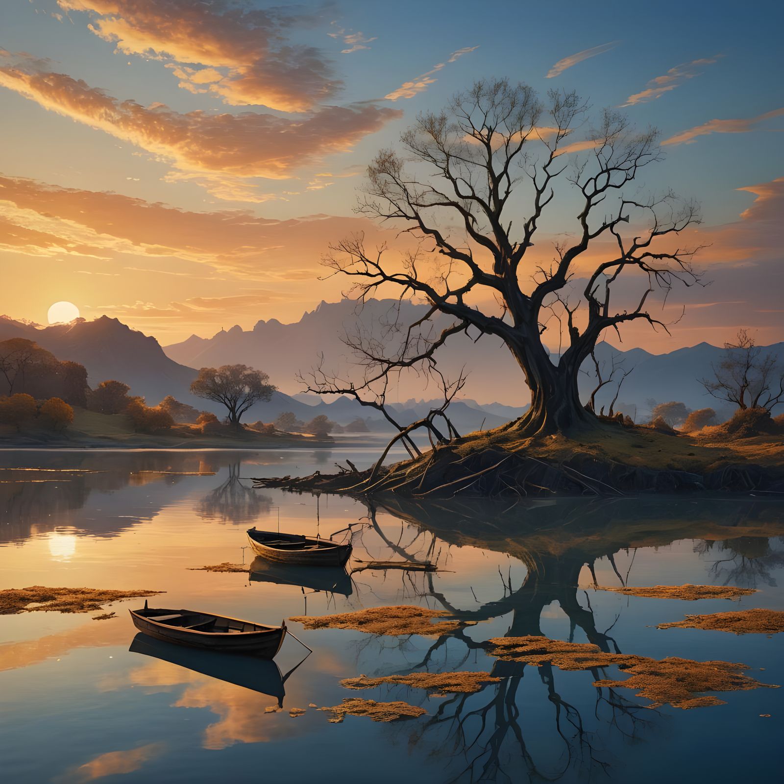 Sunset Lagoon with Lonely Boat and Tree