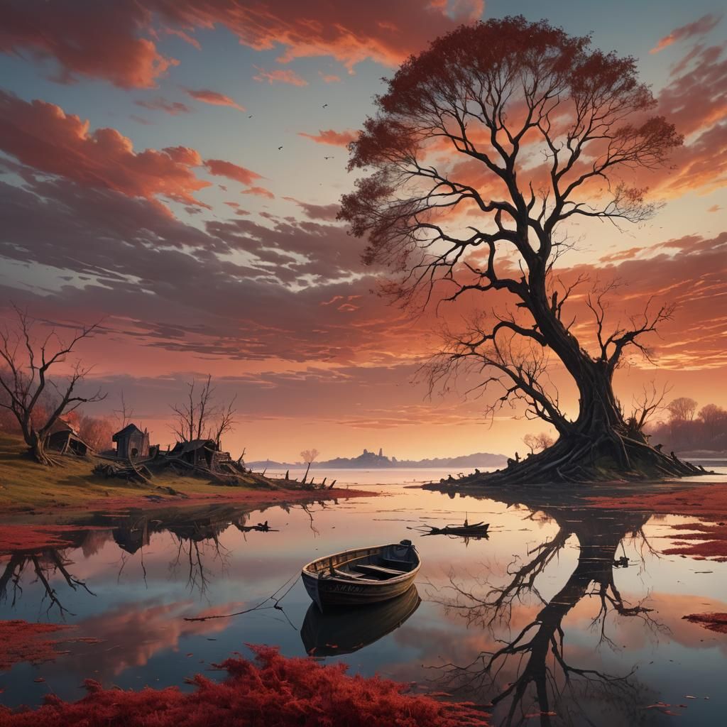 Lagoon Hill with Boat at Sunset