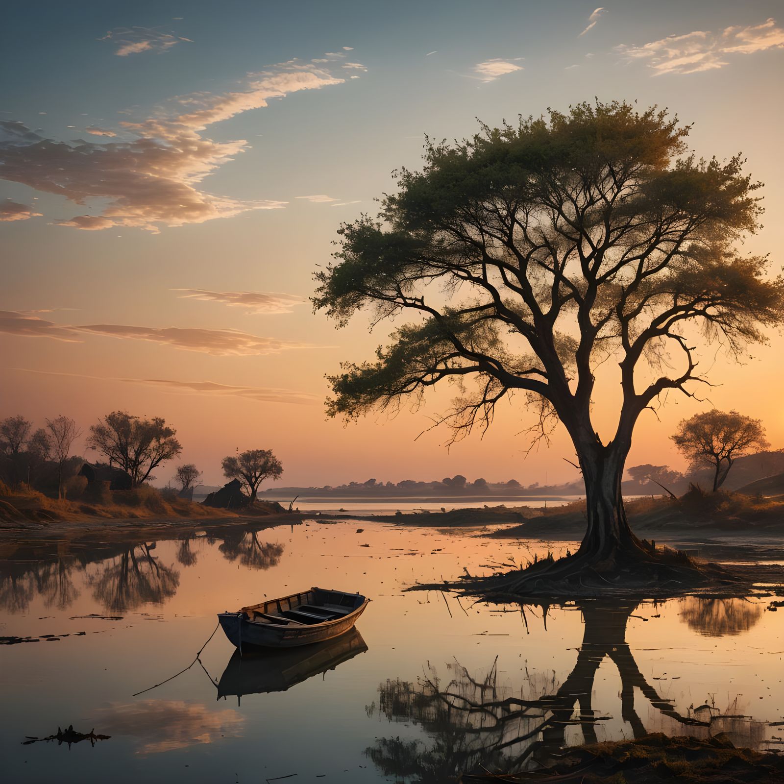 Lonely Tree Sunset in Lagoon: Fantasy Concept Art