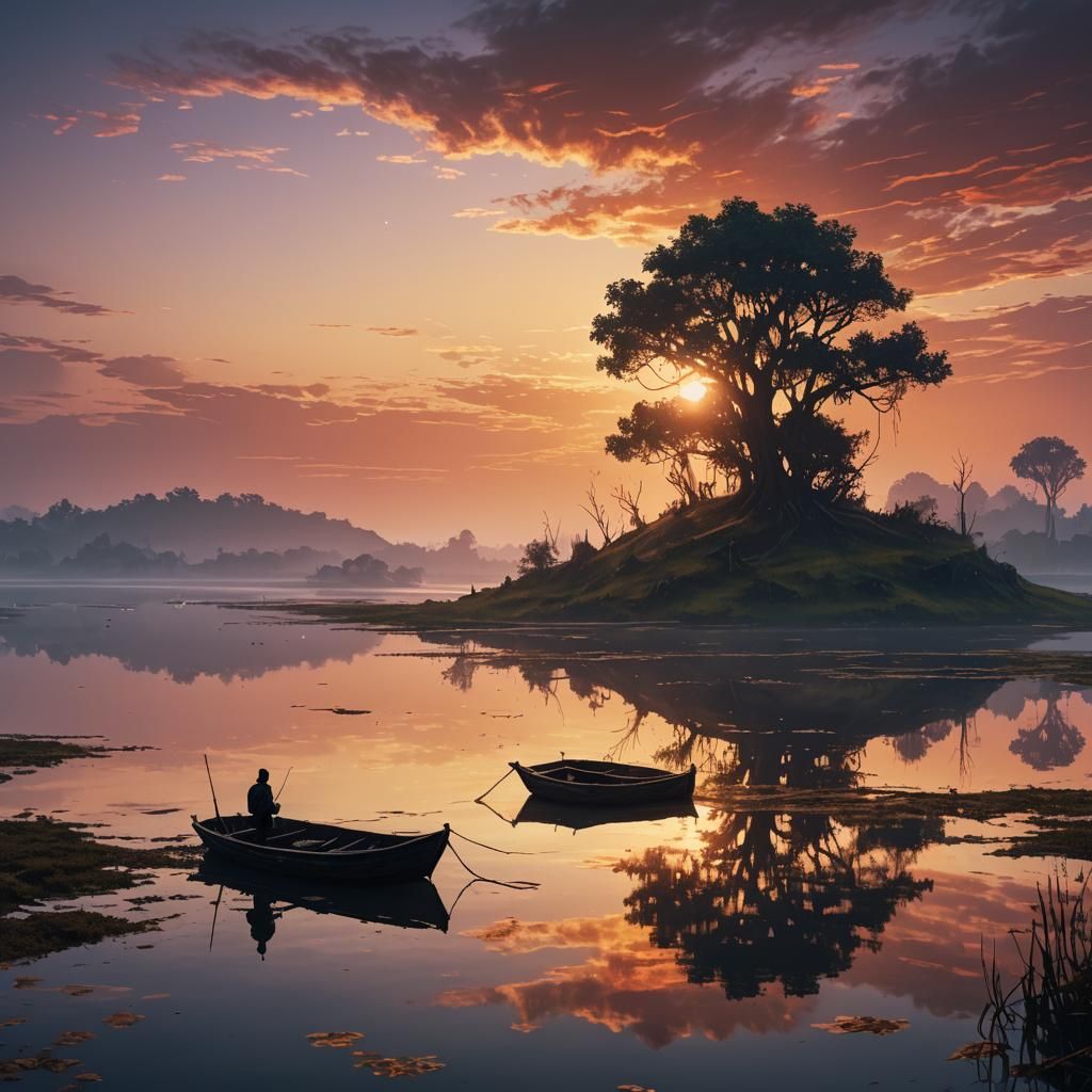 Lonely Boat on Lagoon: Surreal Sunset Concept Art
