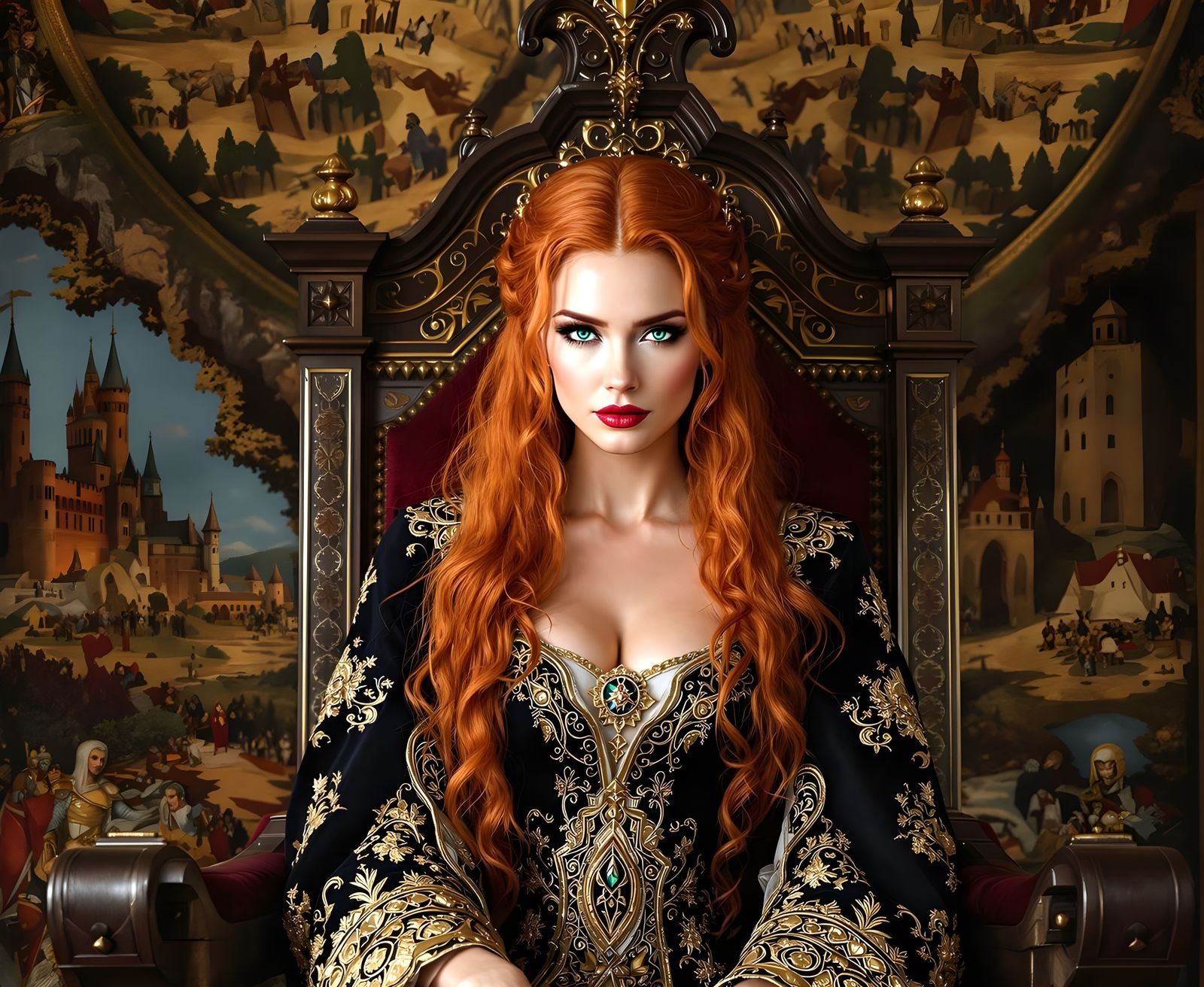Stunning Red-Haired Queen on Throne, Cinematic Still