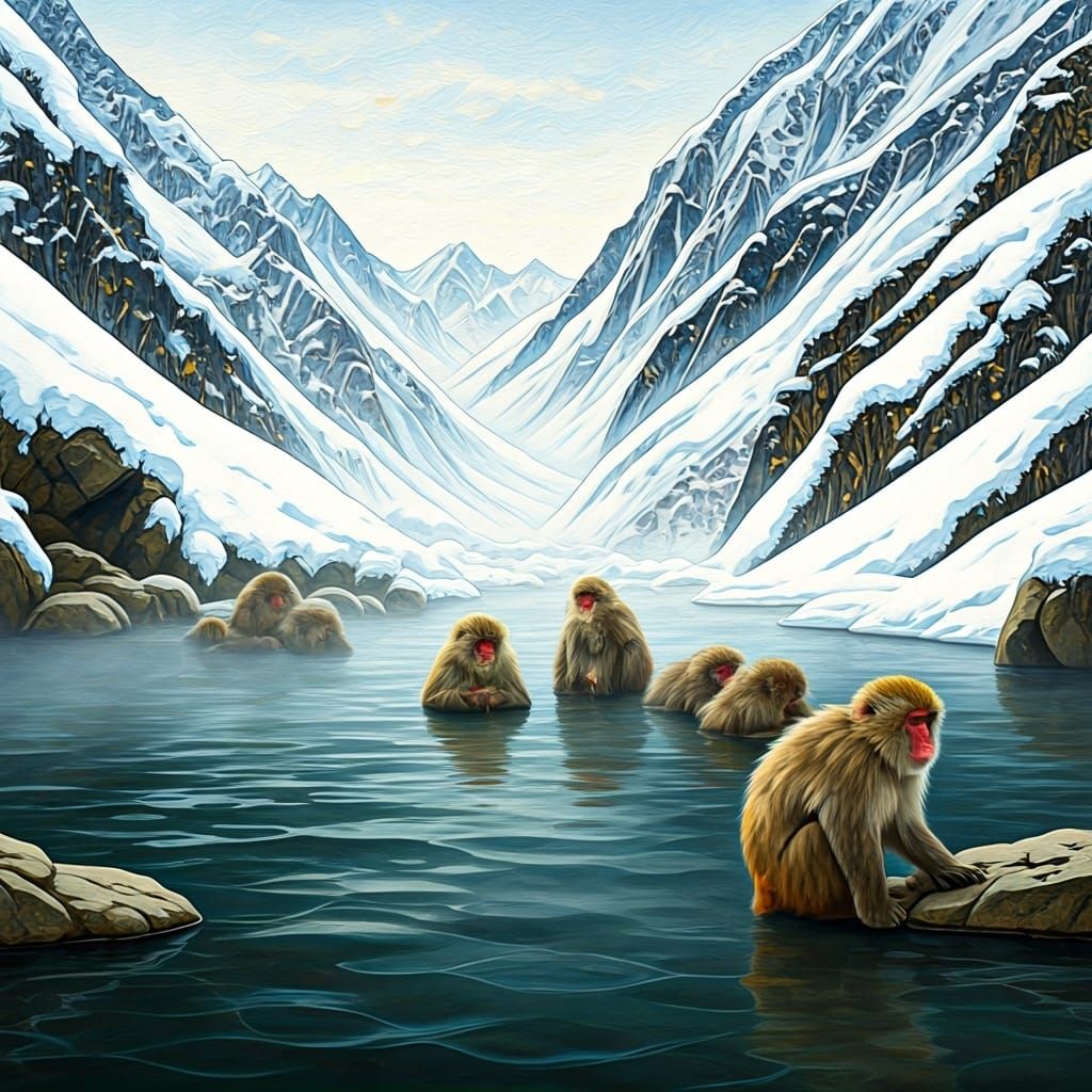 Macaques in Snowy Hot Springs, Klimt-Inspired Art Nouveau