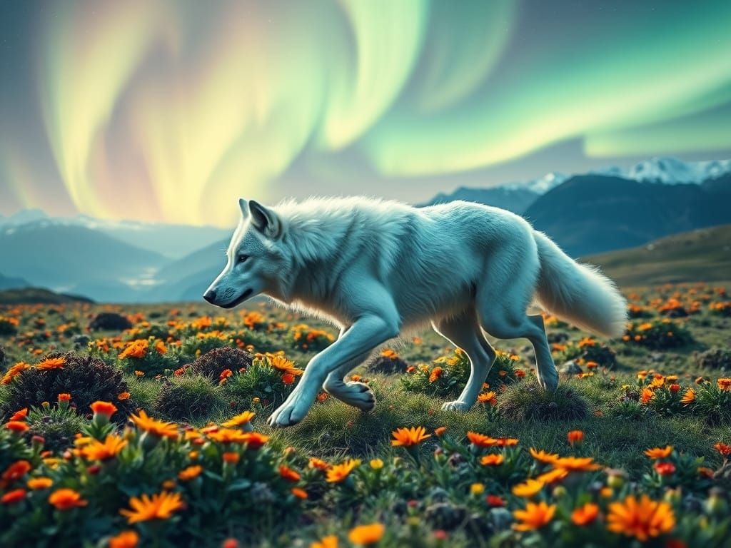 Hyper-Realistic Wolf in Lush Tundra Landscape