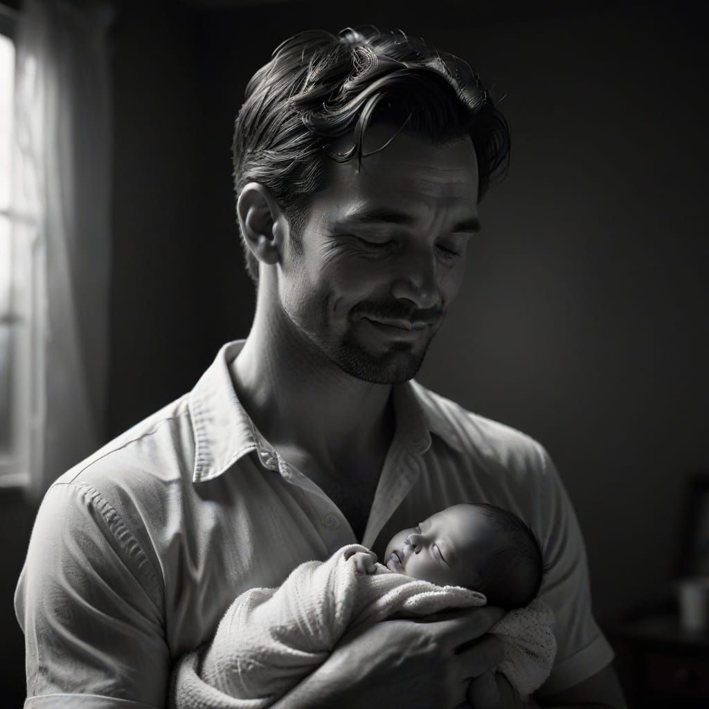 Emotional Father and Newborn Portrait in Film Noir