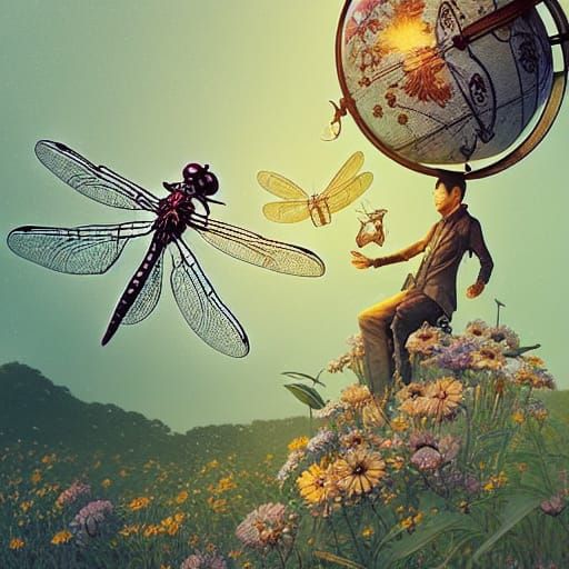 Dragonflies and Flowers on Antique Globe, Cel-Shaded Art