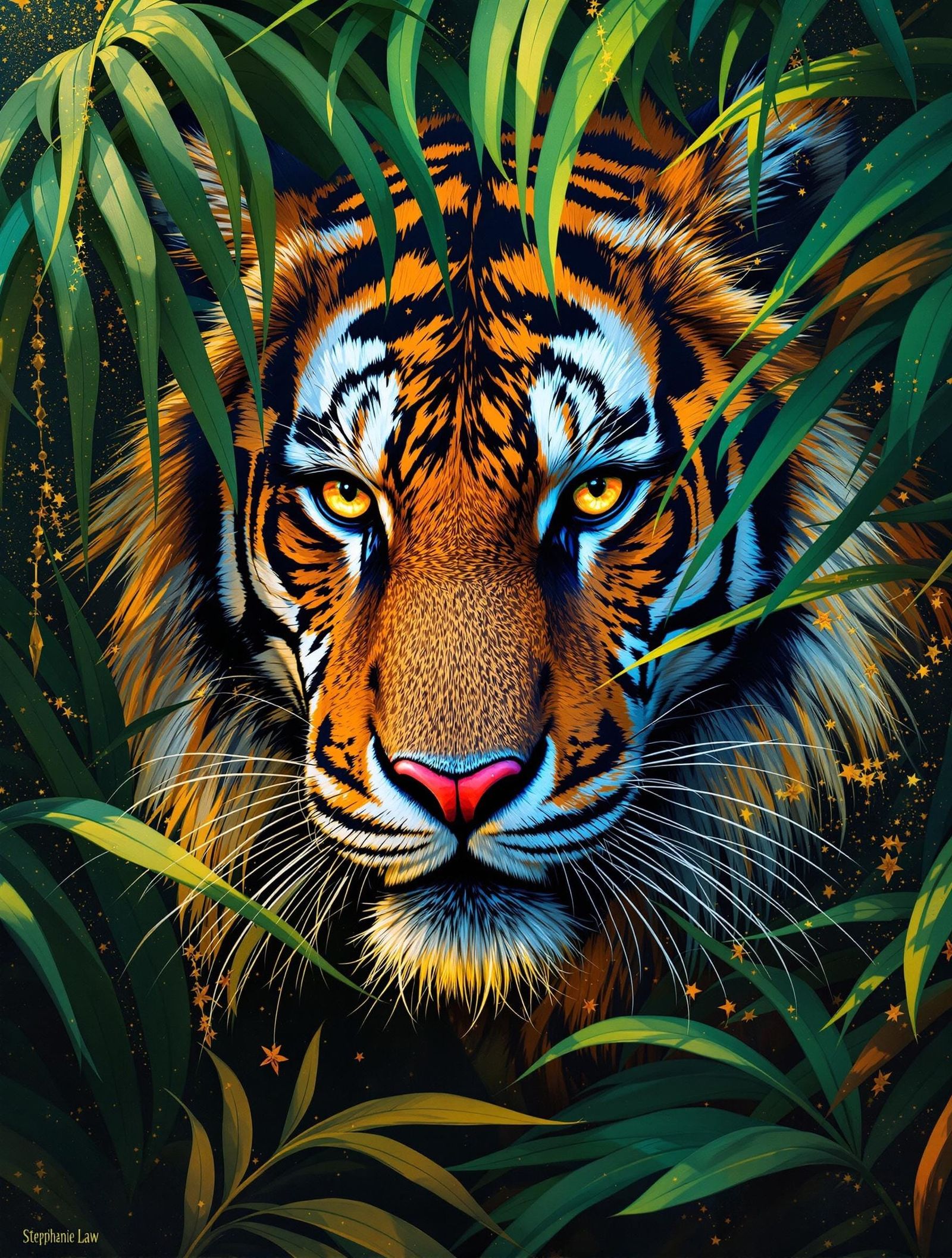 Mystical Tiger Portrait in Jungle Foliage
