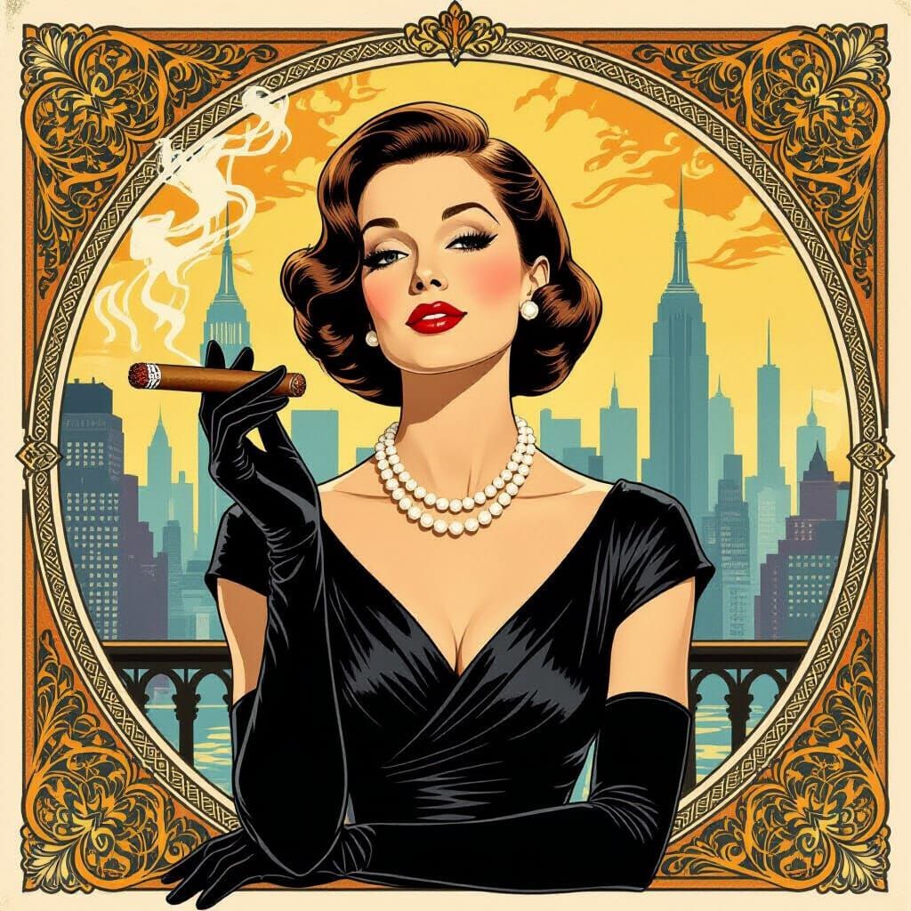 Elegant Woman with Cigar in Art Nouveau Style