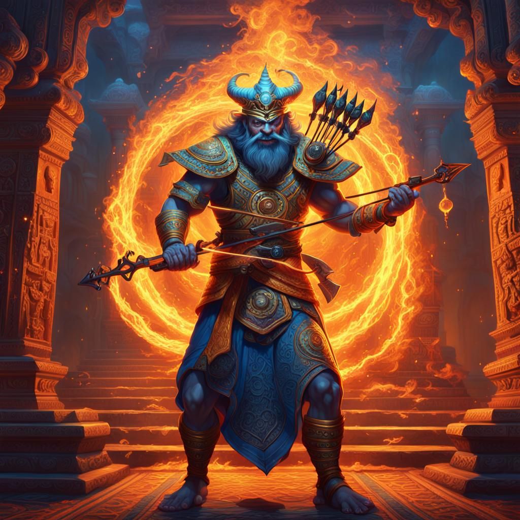 Fire Genie with Repeating Crossbow in Ancient Temple