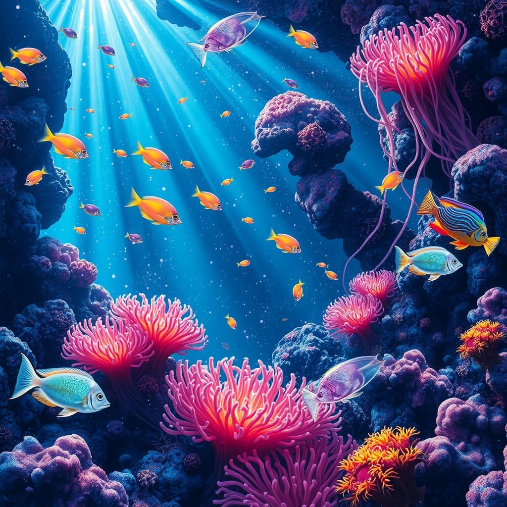 Bioluminescent Coral Reef with Iridescent Jellyfish