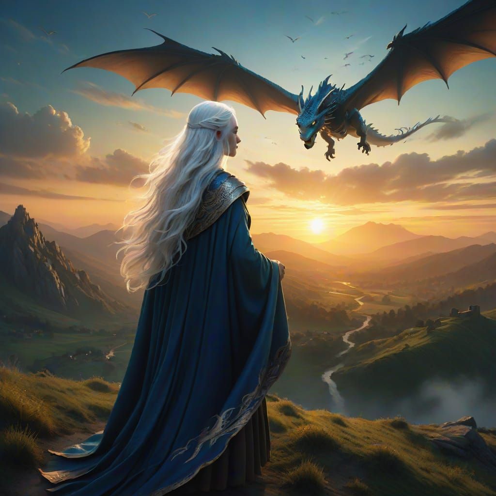 Silver Dragon and Woman at Sunset, Fantasy Art