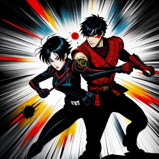 Dynamic Manga Scene: Woman Protects Boy from Explosion