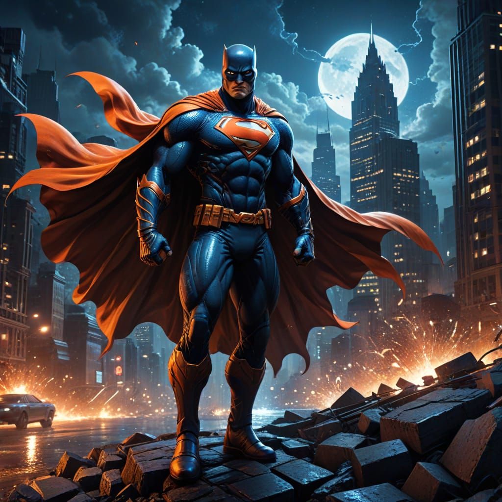 Superhero Guards City at Night Comic Art