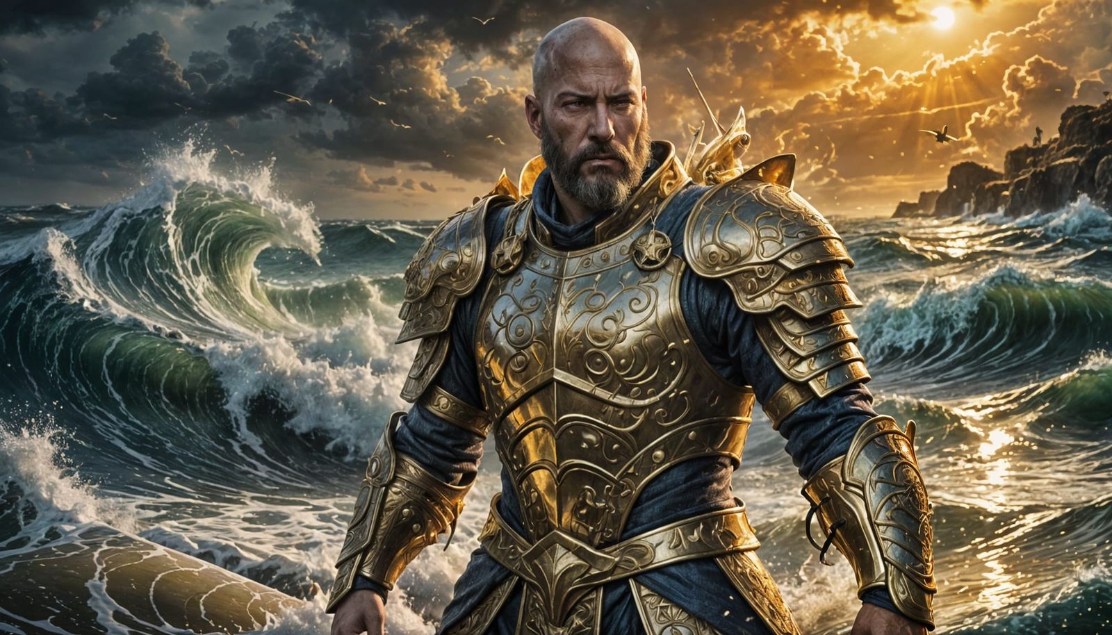 Golden Armored Warrior in Stormy Ocean