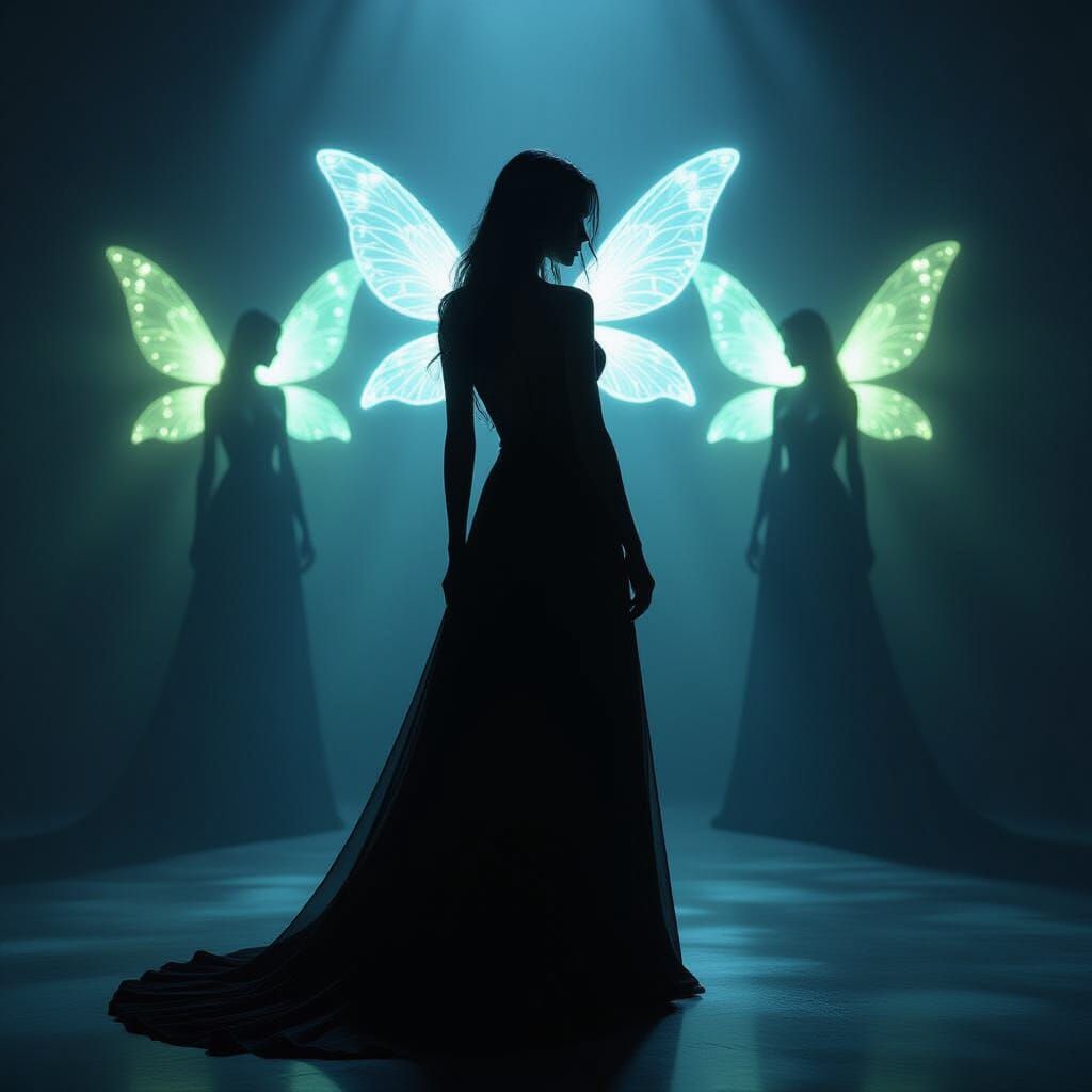 Surreal Silhouette: Shadowed Woman and Glowing Fairies