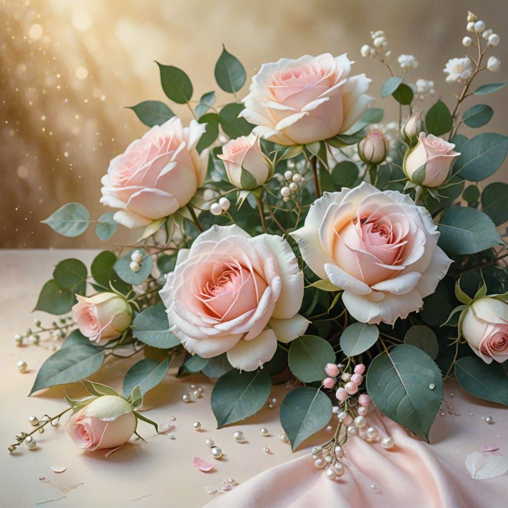 Whimsical Pastel Rose Bouquet in Watercolor Style