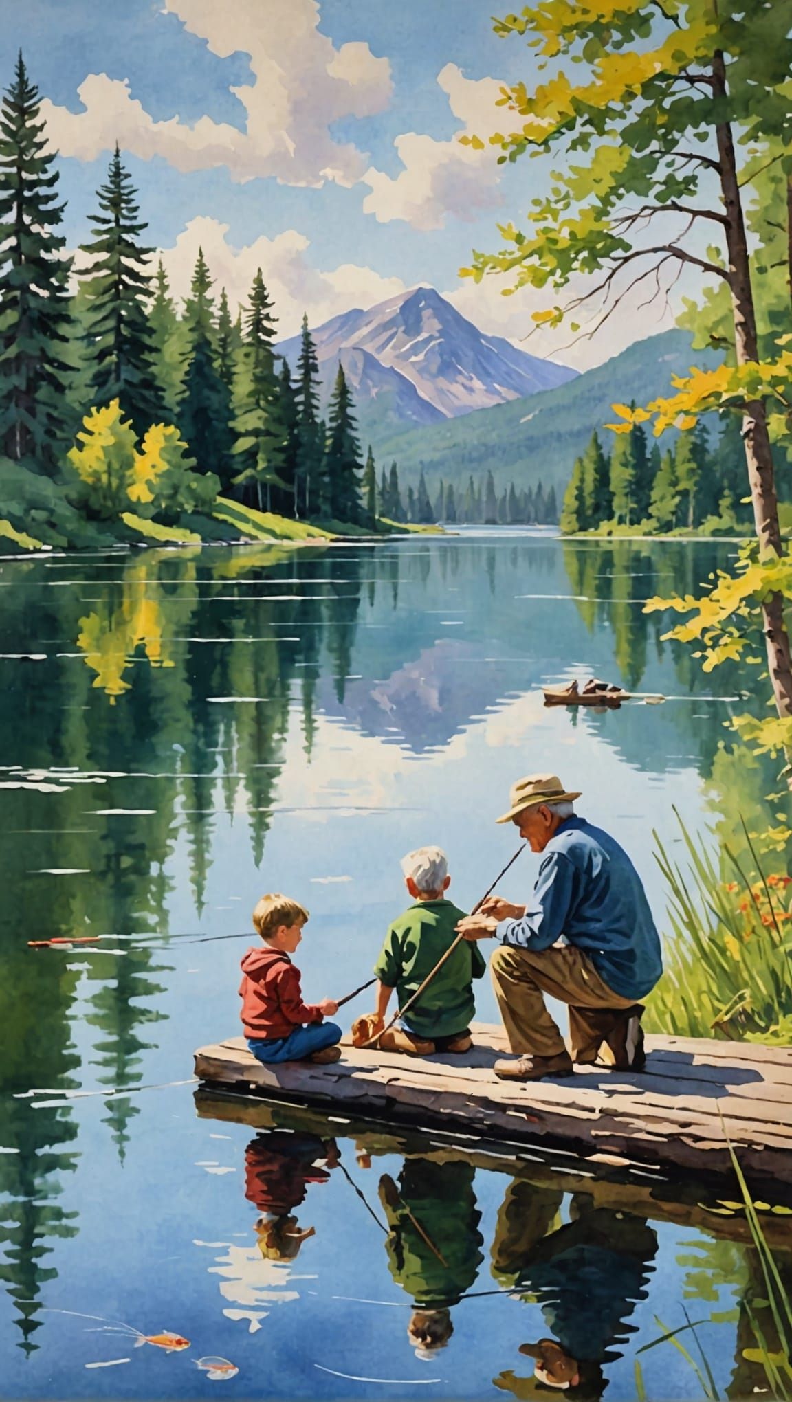 Grandparent Teaches Child to Fish: Impressionist Gouache Pai...