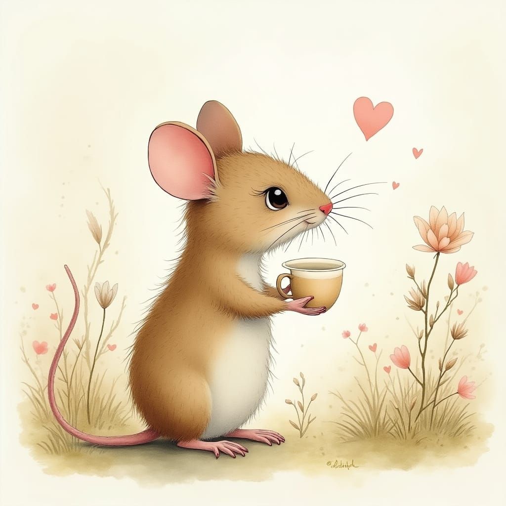 Whimsical Mouse in Dreamlike Watercolor Scene