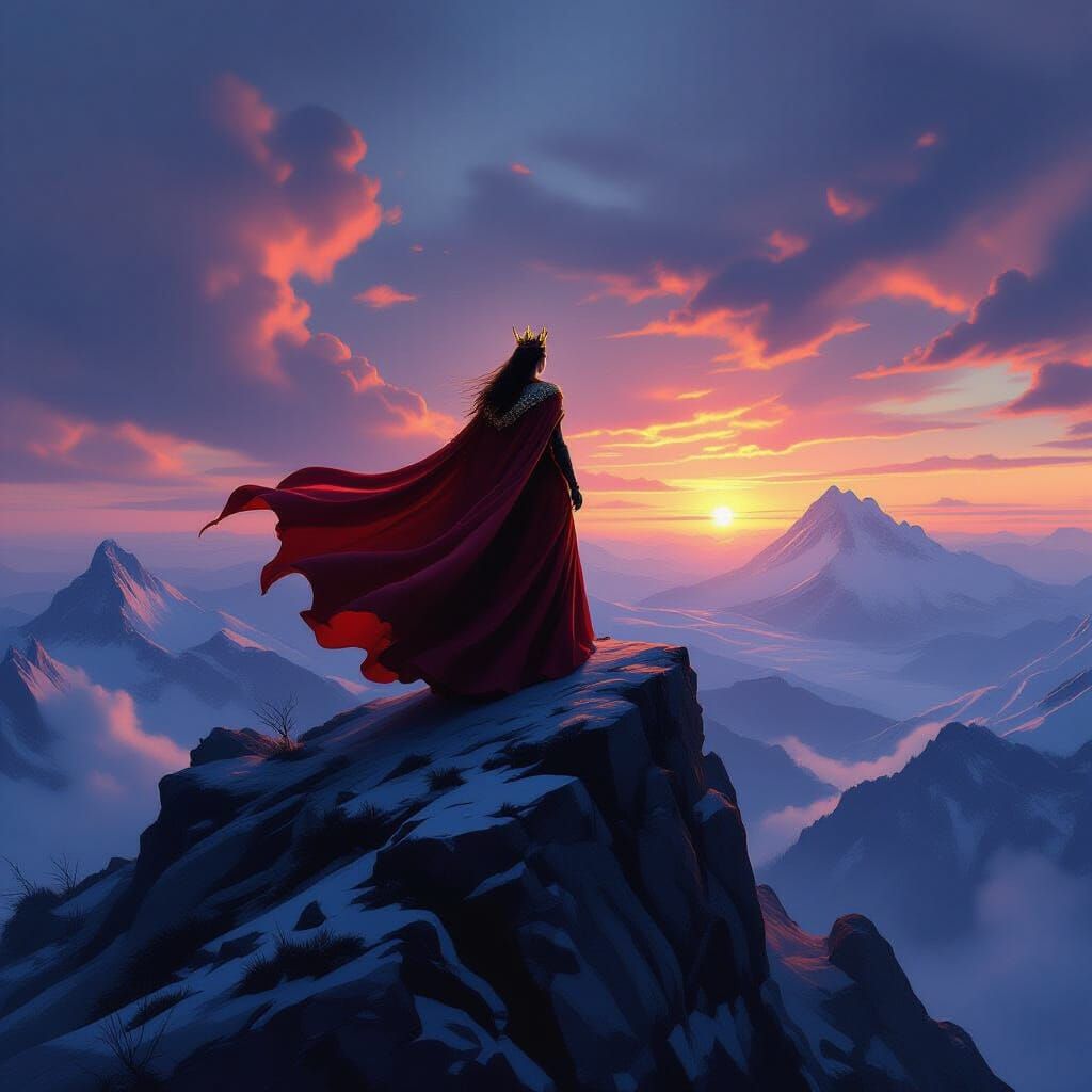 Queen on Mountain Peak in Twilight Glow