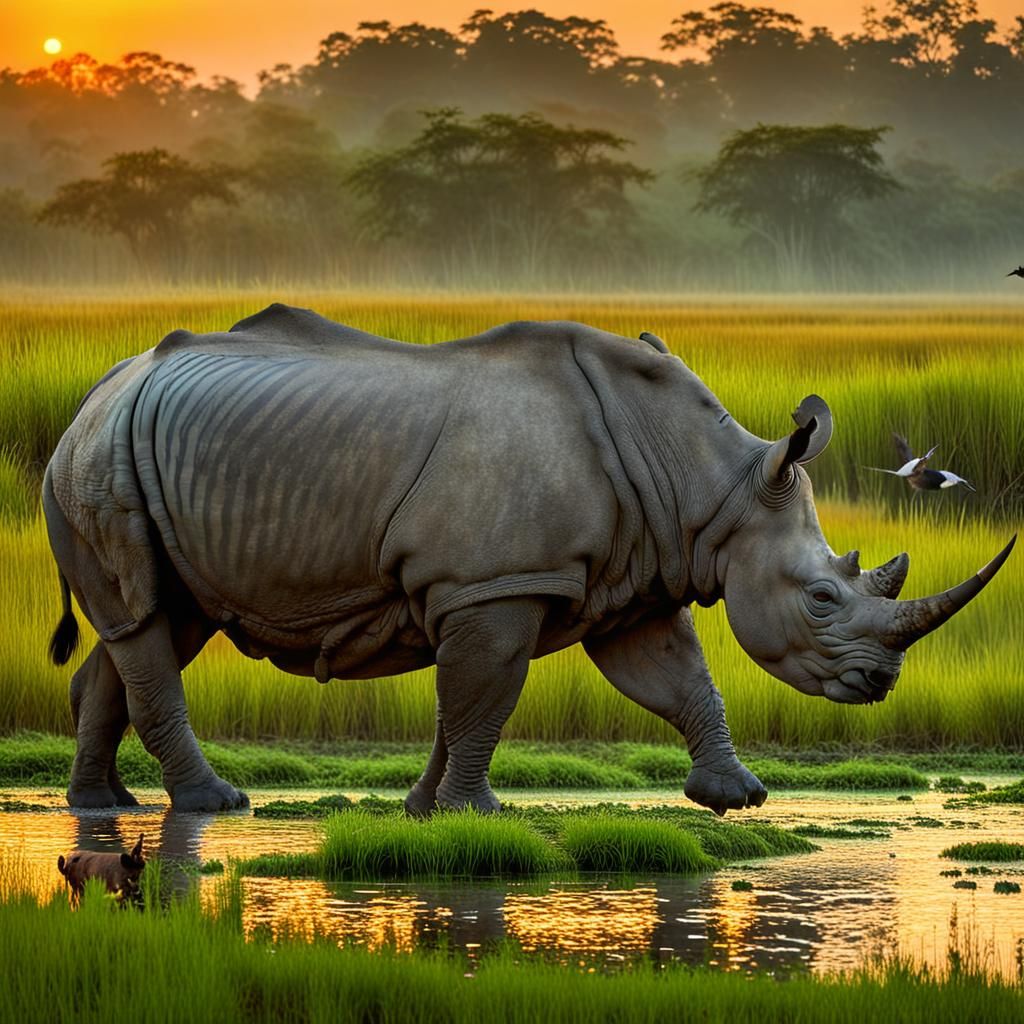 Kaziranga Sunset: One-Horned Rhino and Tiger in 4K
