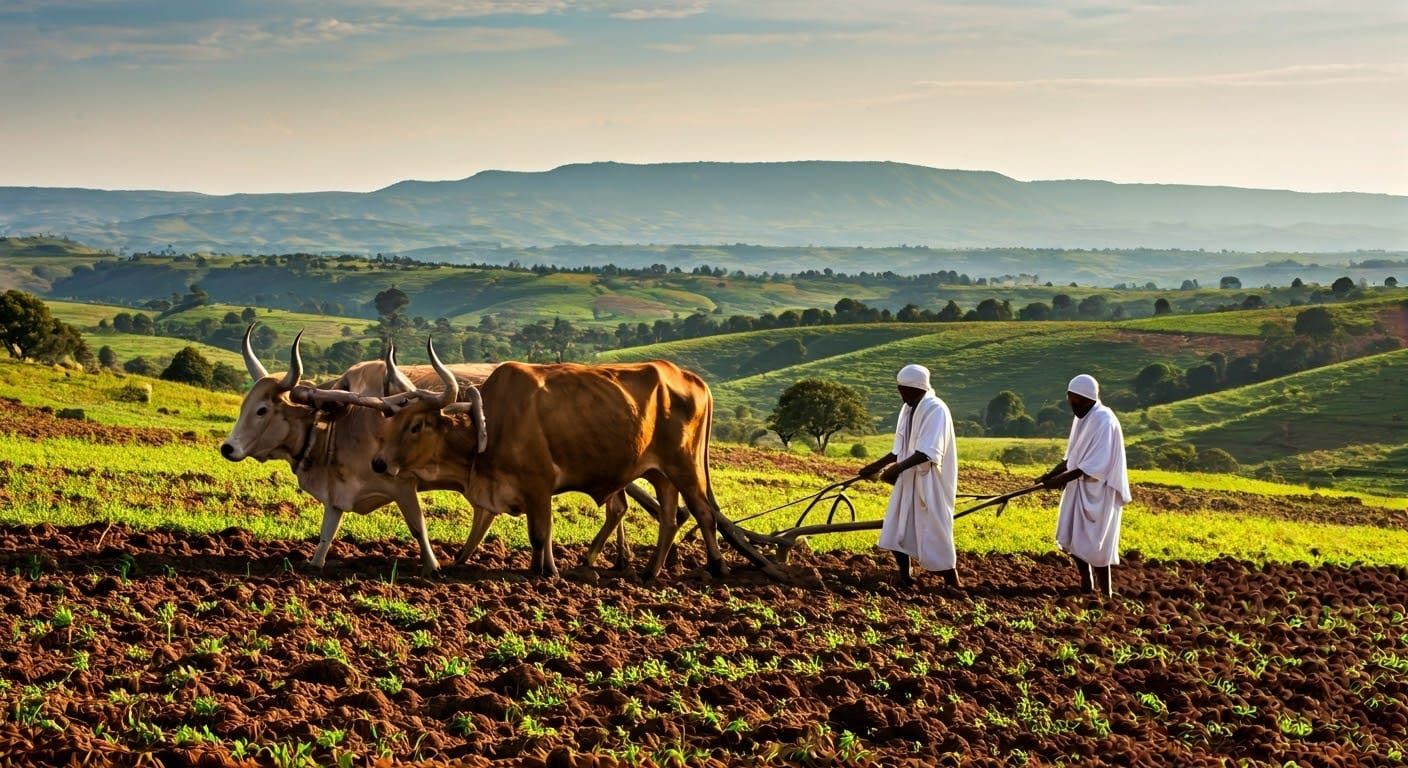 Ethiopians around 500 AD are plowing a field in the Ethiopia...