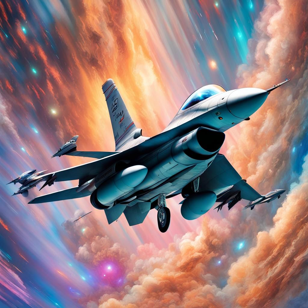 F-16 Fighter Jet in Cosmic Cloudscape