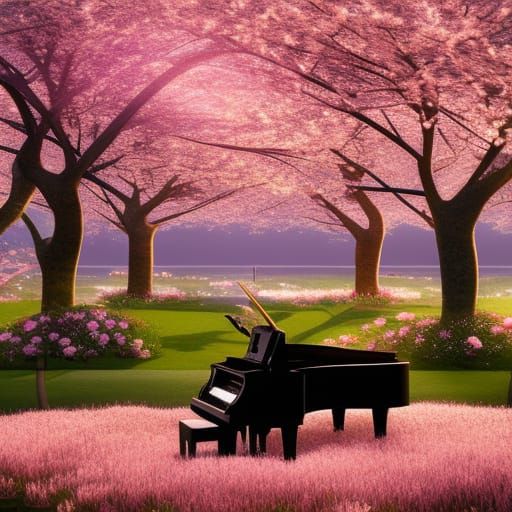 Puppy's Sunset Piano Concert in Cherry Blossom Grove