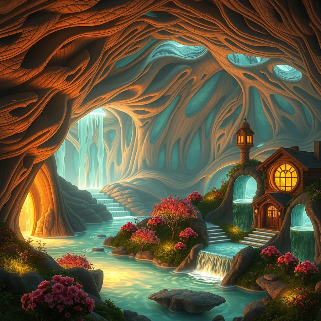 Solarpunk Oasis in a Glowing Cave System