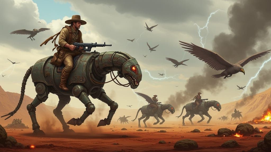 Gritty Post-Apocalyptic Gunslinger Rides Scavenged Mech Stee...