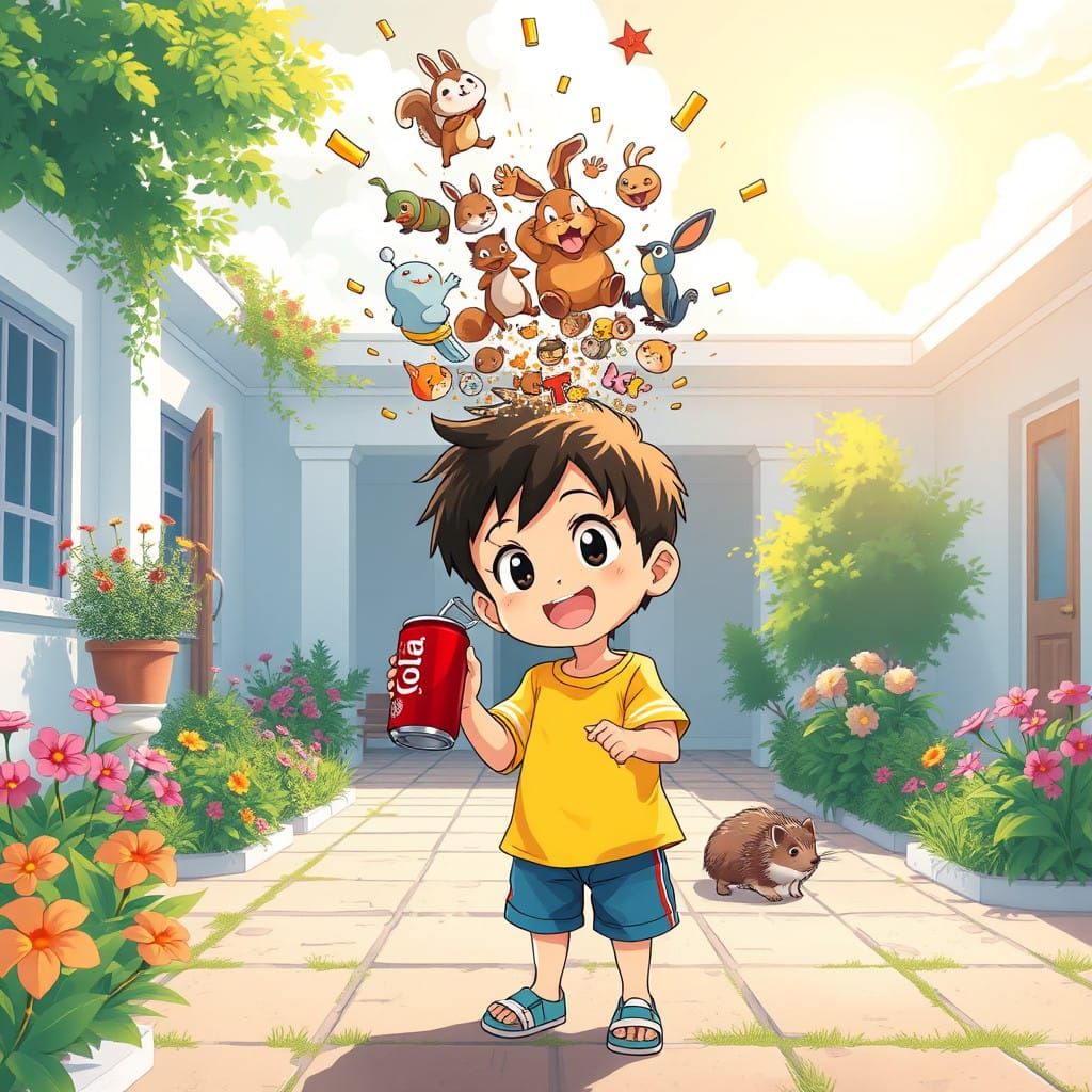 Anime Key Visual of Joyful Animals Bursting from a Cola Can