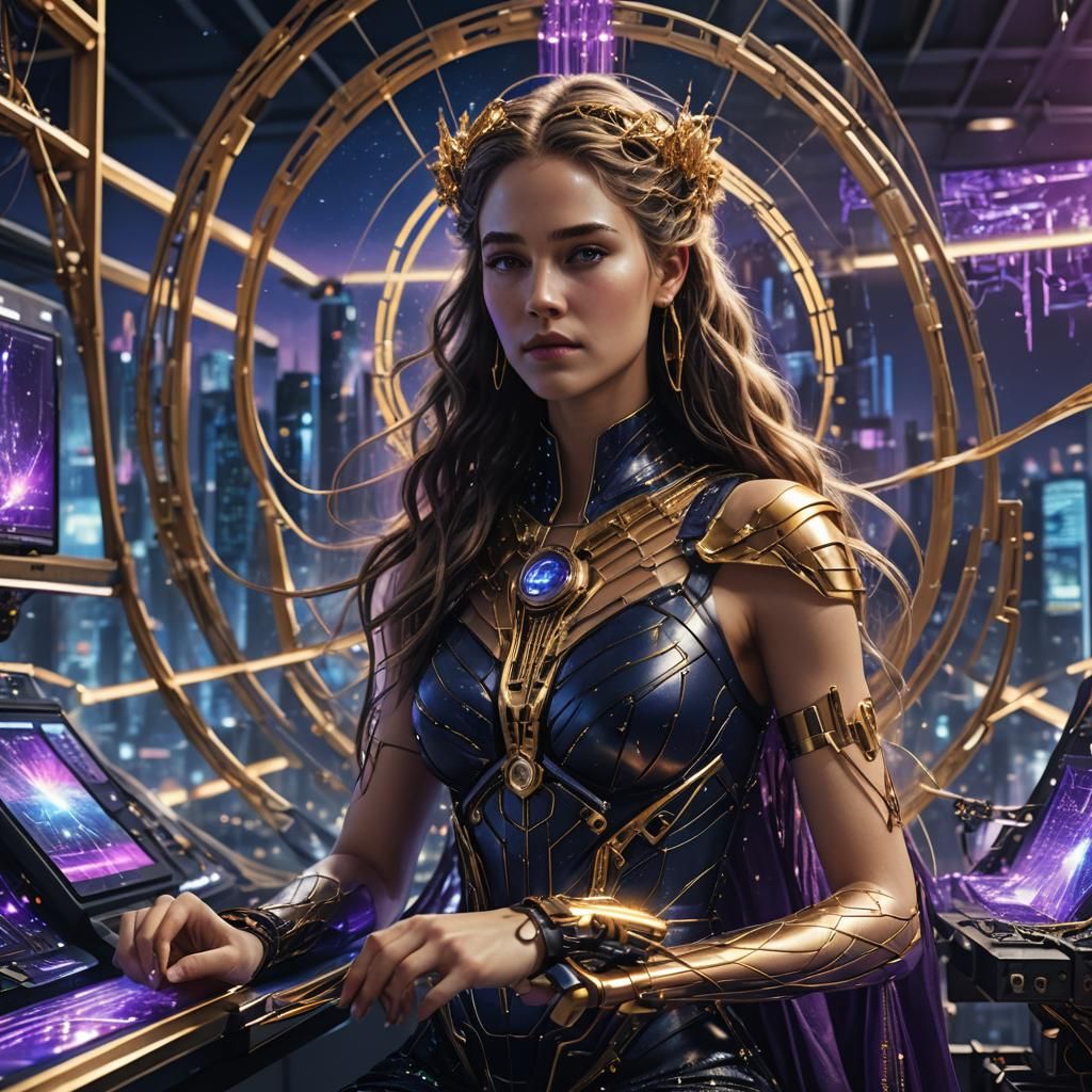 Goddess at Loom in Cyberpunk Cityscape