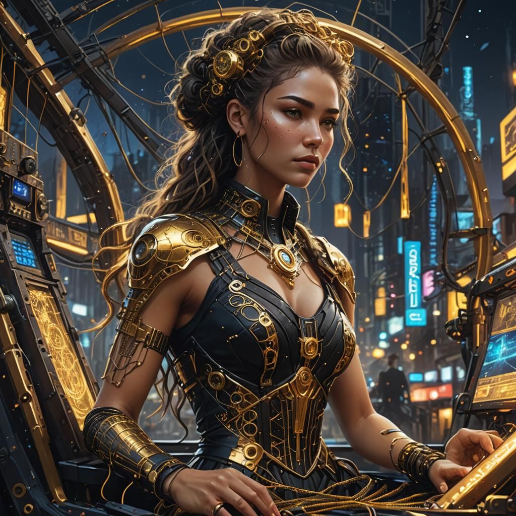 Goddess Weaving in Cyberpunk City: Fantasy Concept Art