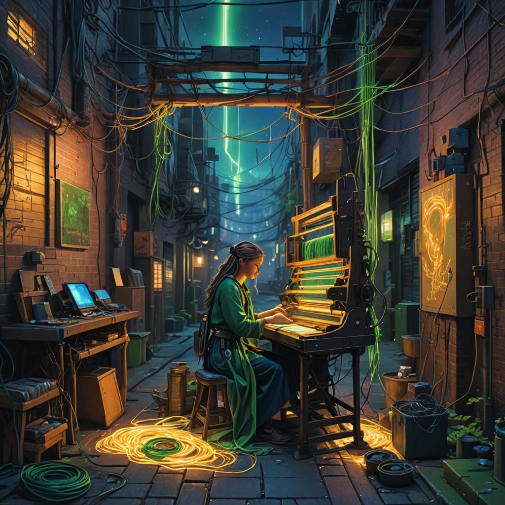 Goddess Weaving Fate in Cyberpunk Alleyway