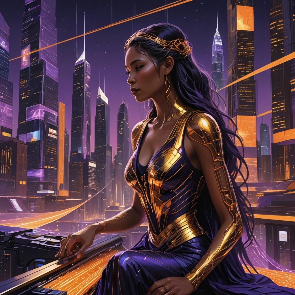 Goddess Weaving Threads of Fate in Futuristic City