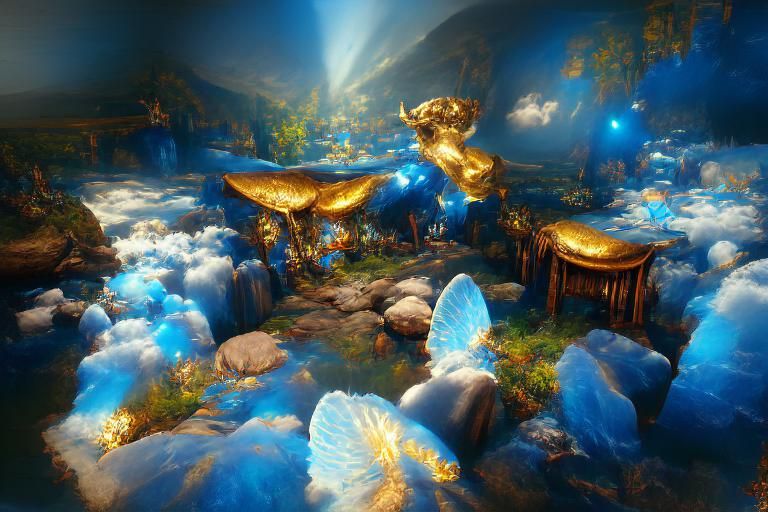 Opalescent Fairy Land in Blue and Gold, Matte Painting