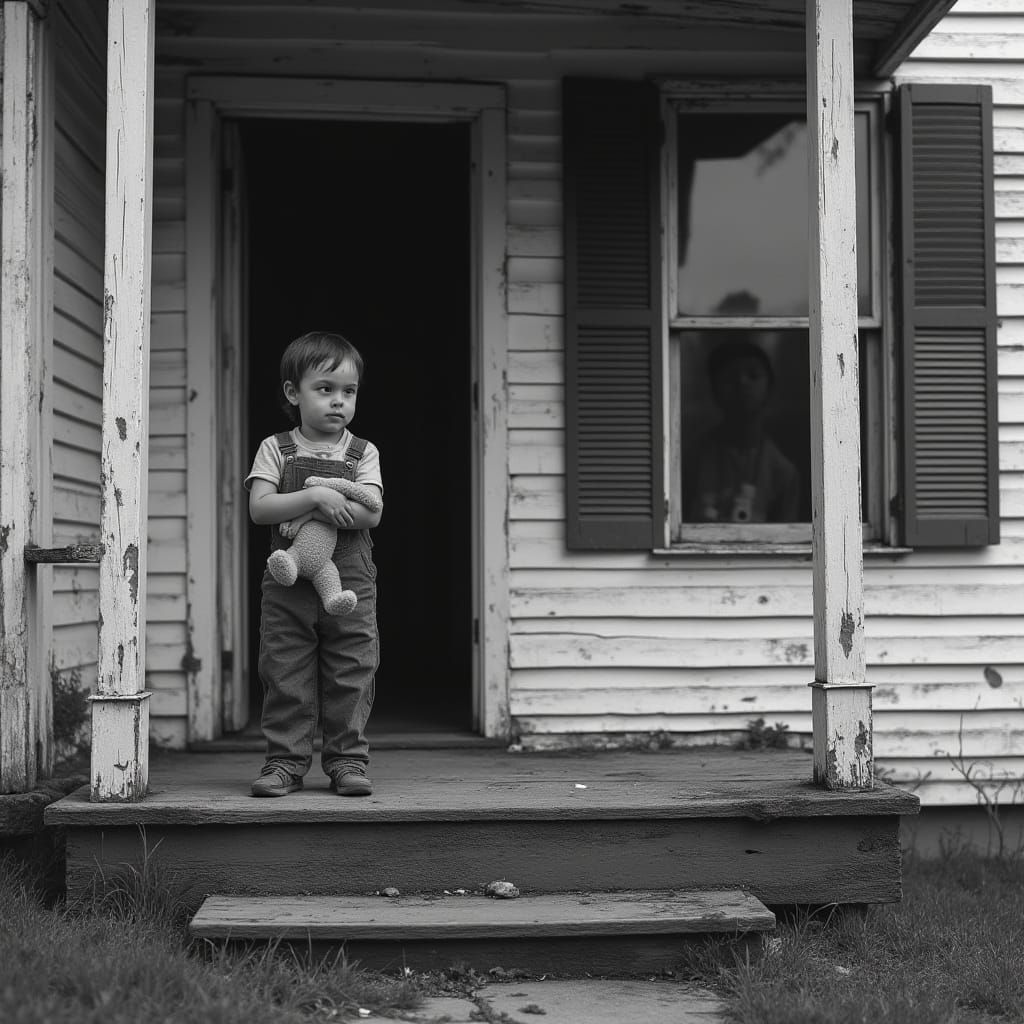 Black and White Photo of Child at Rundown New England House