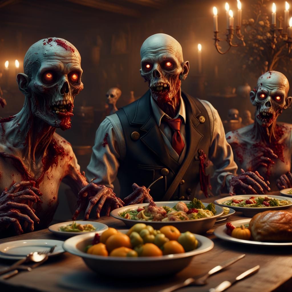 Zombies Celebrate Thanksgiving: Detailed Matte Painting