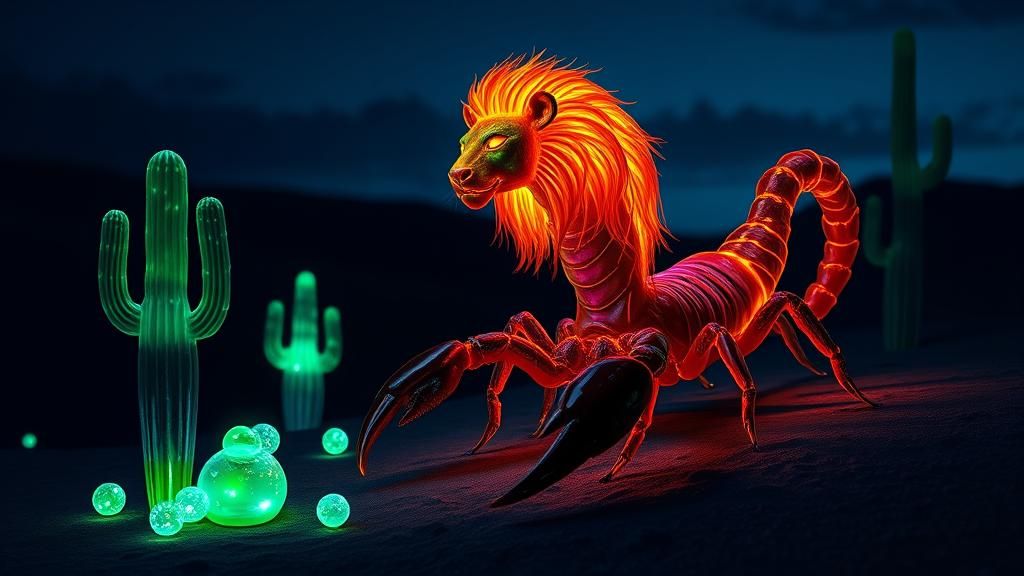 Surreal Scorpion-Lion in Bioluminescent Desert
