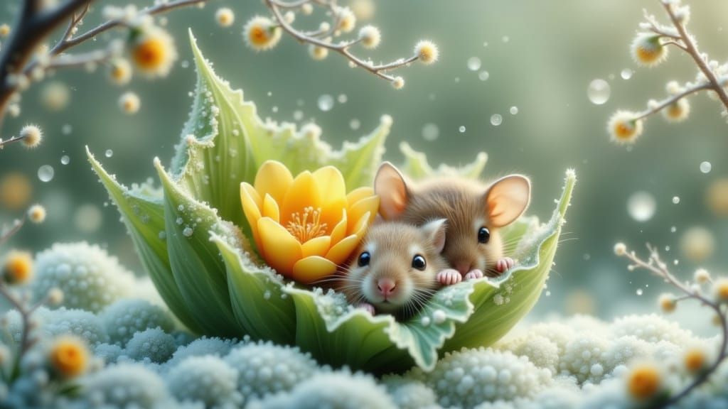 Adorable Harvest Mice in Winter Crocus Flower