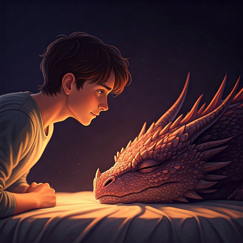 Young Man and Dragon Companion Sleeping Peacefully