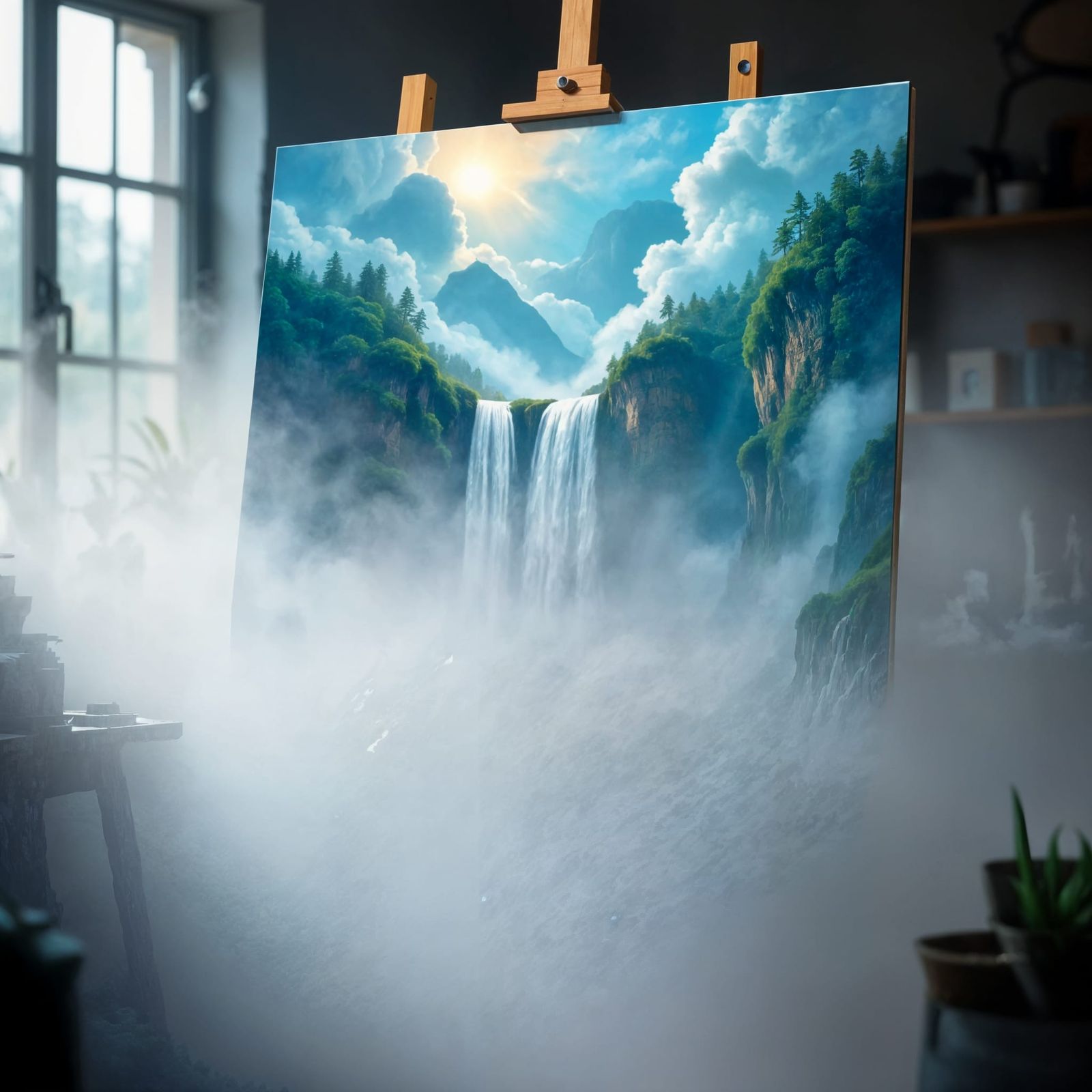 Fantasy Waterfall Painting in Artist Studio