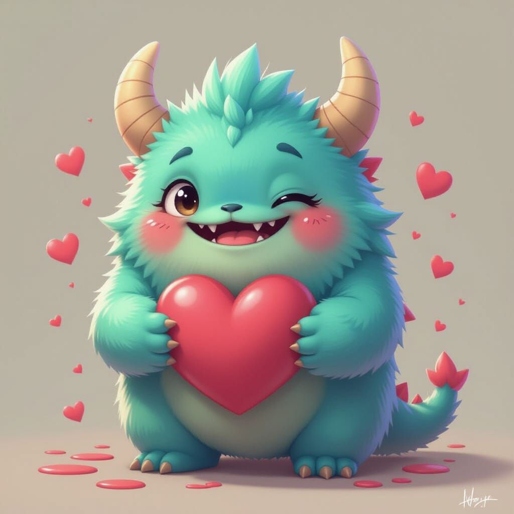 Heart Monster with Rosy Cheeks and a Silly Grin