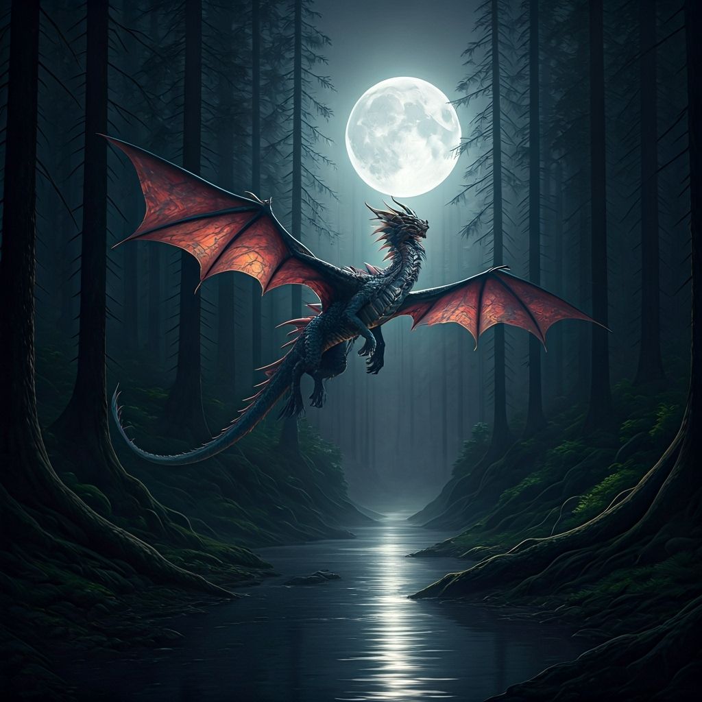 Majestic Dragon Soars Through Moonlit Misty Forest