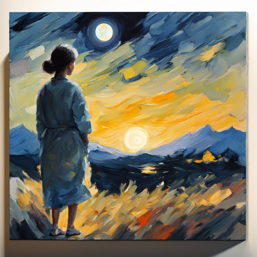Woman in Moonlight Gouache Painting with Vibrant Impasto Tex...