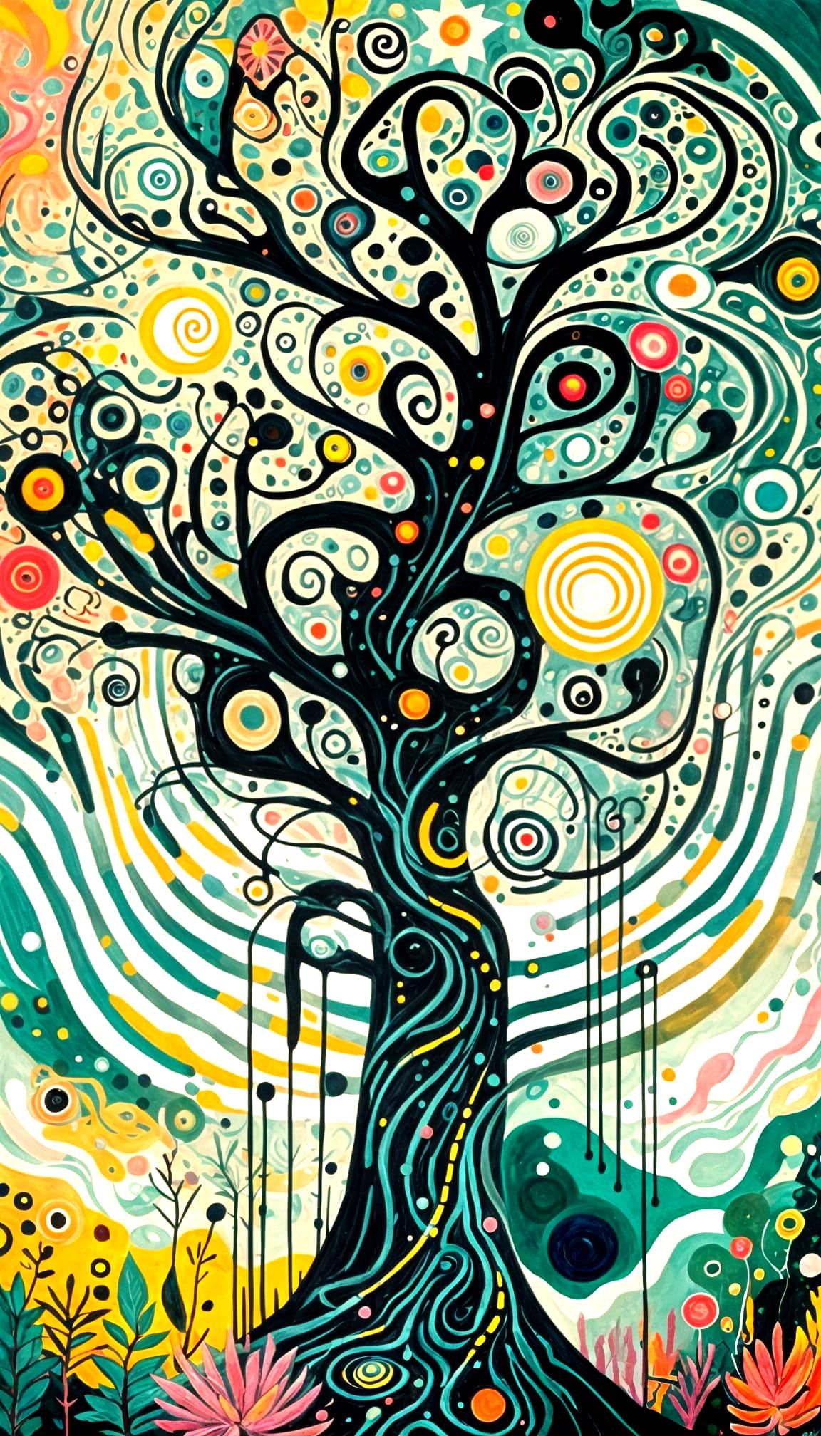 Glowing Tree Under Spiral Suns in Expressionist Style