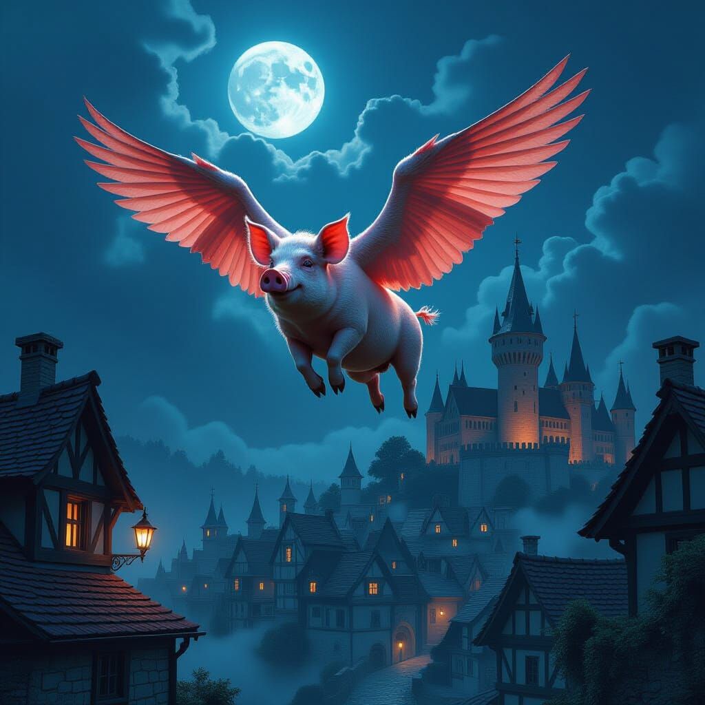 Winged Pig Soaring Over Medieval Village in Digital Art
