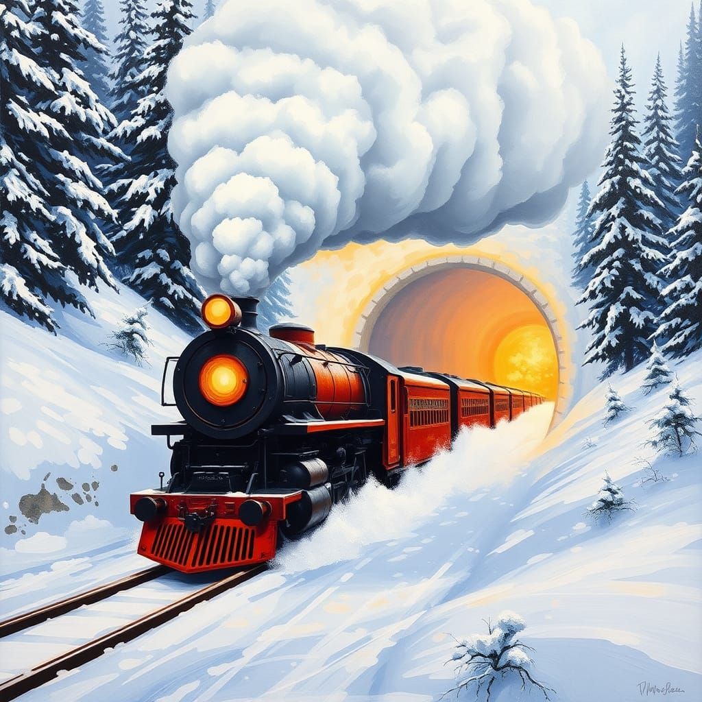 Steam locomotive, with billowing white clouds of steam and a...